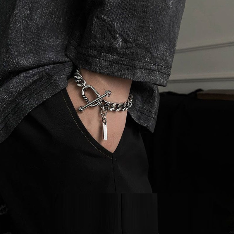 Titanium - Button Bar Diamond Bracelet Male