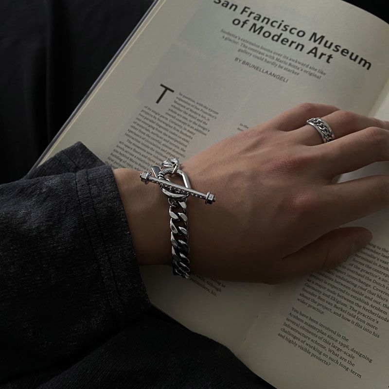 Titanium - Button Bar Diamond Bracelet Male